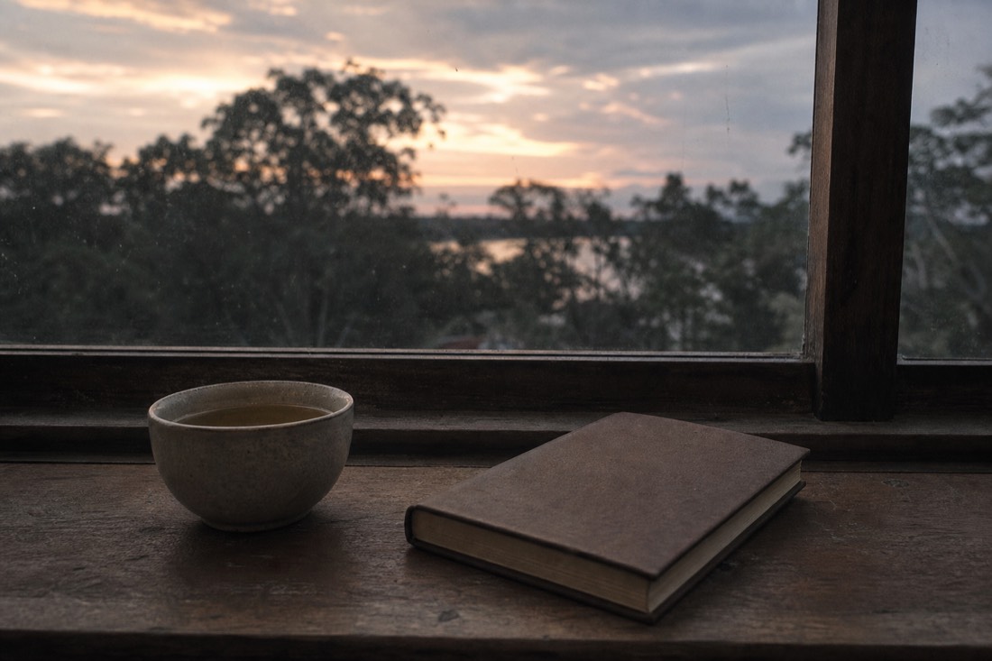 Cup of plain herbal tea beside a journal on a windowsill overlooking trees at dusk
