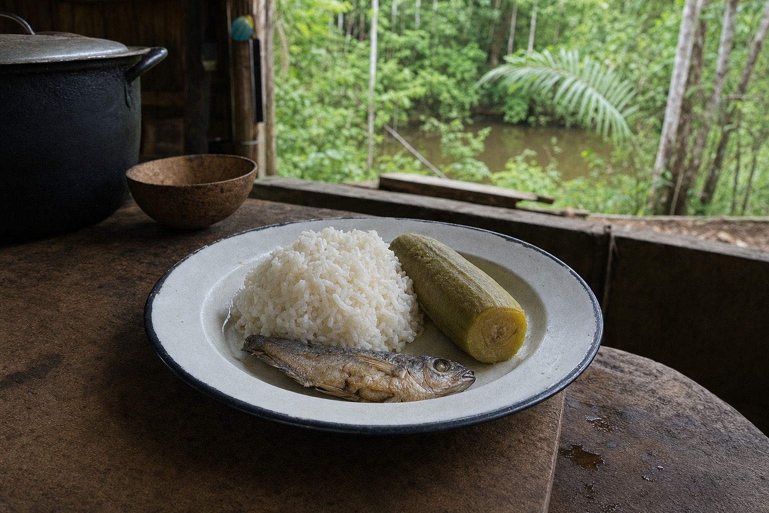 Simple plate of rice, plantain and river fish on a wooden table in a jungle kitchen