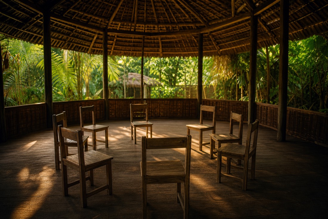 Circle of empty wooden chairs under a thatched roof with jungle light filtering through