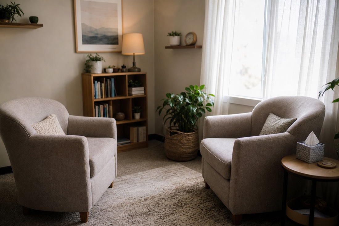 Two armchairs facing each other in a calm therapy office with a plant by the window