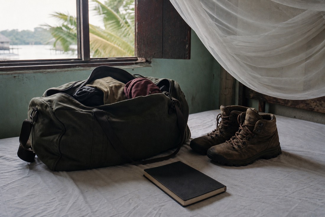First-time traveler's packed bag with boots and a notebook on a simple bed