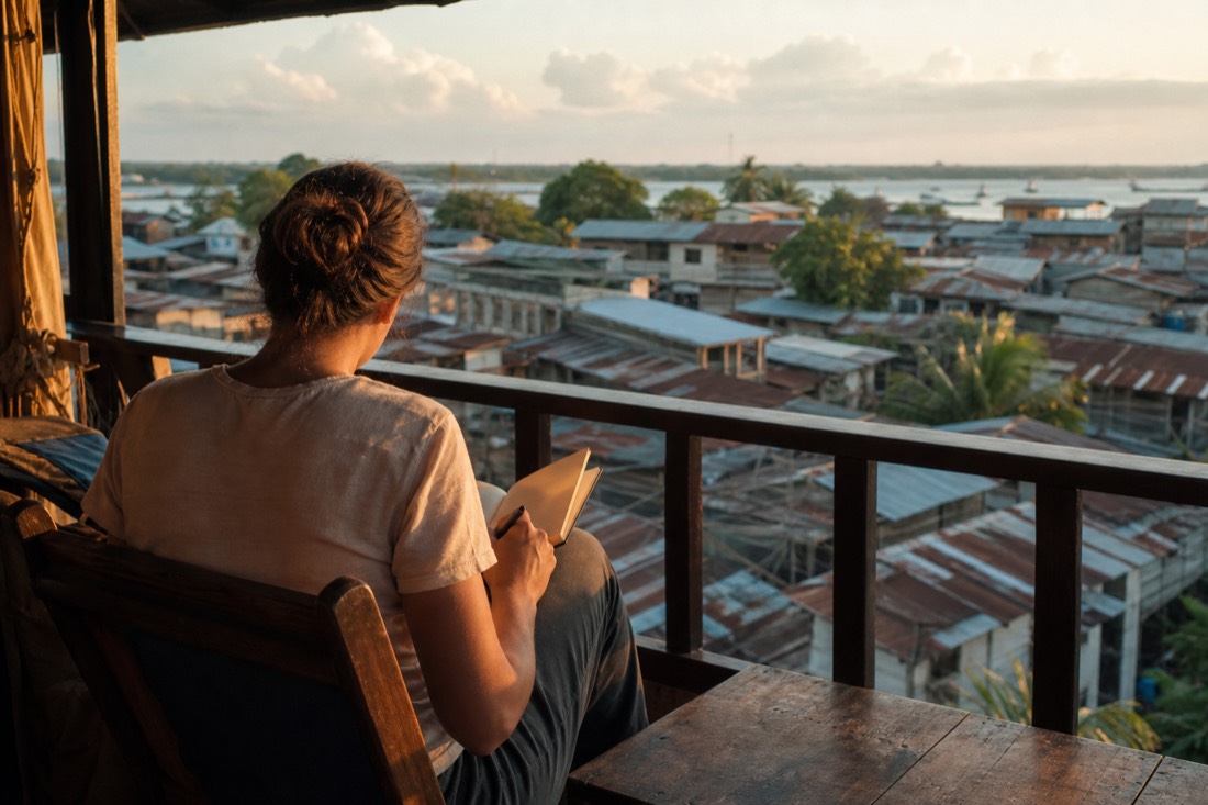 Traveler writing in a notebook on a hostel balcony overlooking Iquitos rooftops in late afternoon light