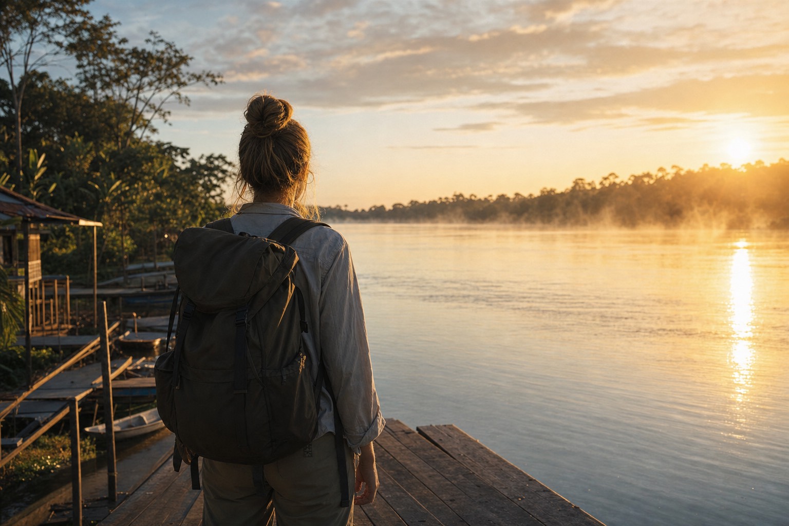 Woman with a travel pack standing on a wooden river dock facing the Amazon at sunrise