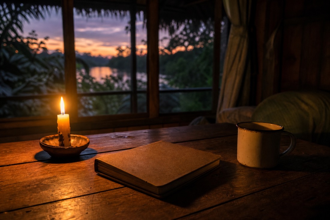 Lit candle, closed journal and enamel mug on a wooden table in evening light