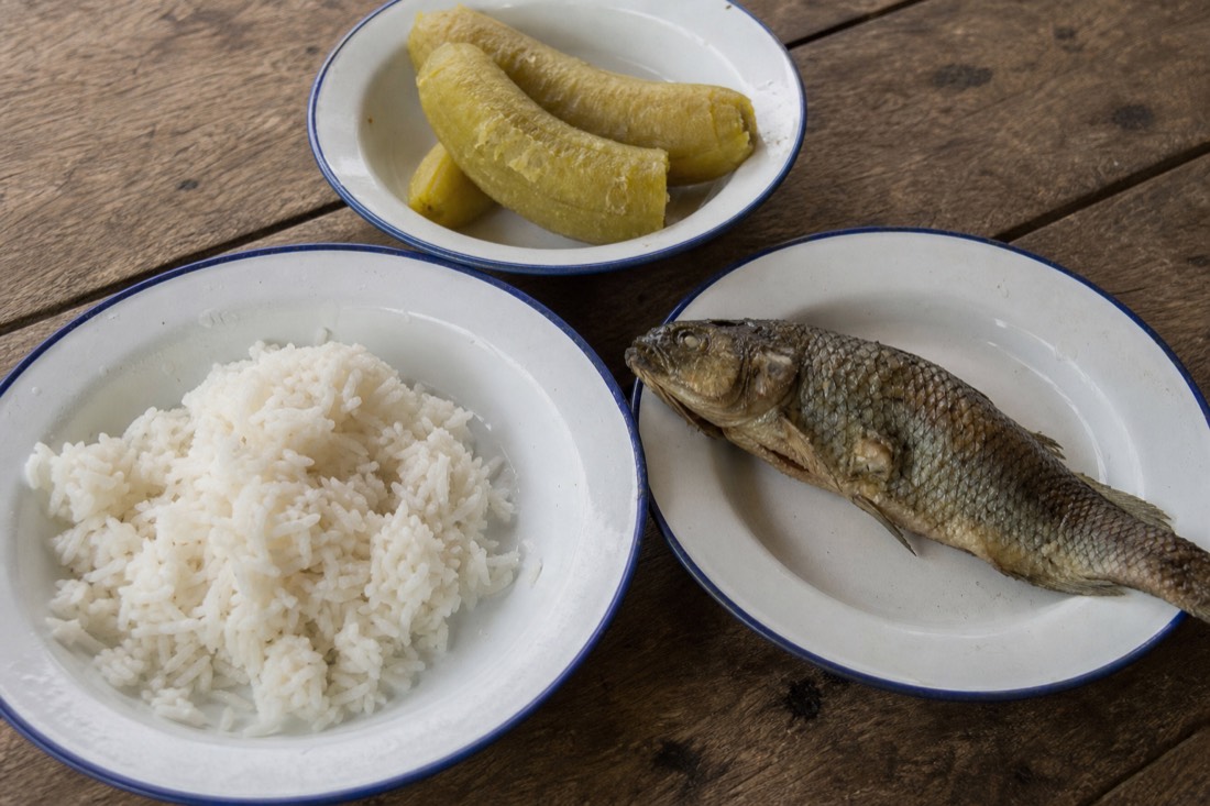 Plain meal of rice, plantains and fish on enamel plates on a wooden table