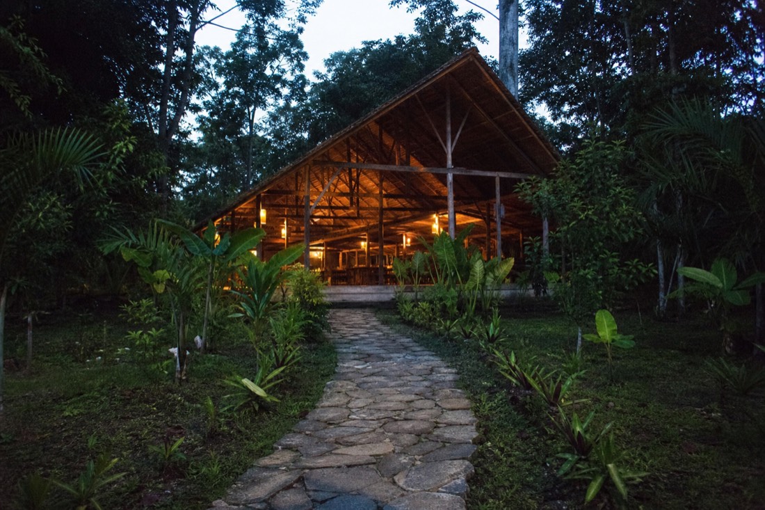 Stone path winding through cleared jungle garden toward an open-sided wooden hall at dusk, warm lamplight inside, no people, Iquitos region