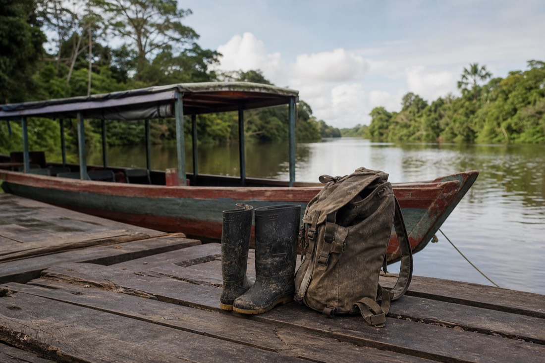 Backpack and rubber boots resting on a wooden dock beside a moored riverboat on a jungle river
