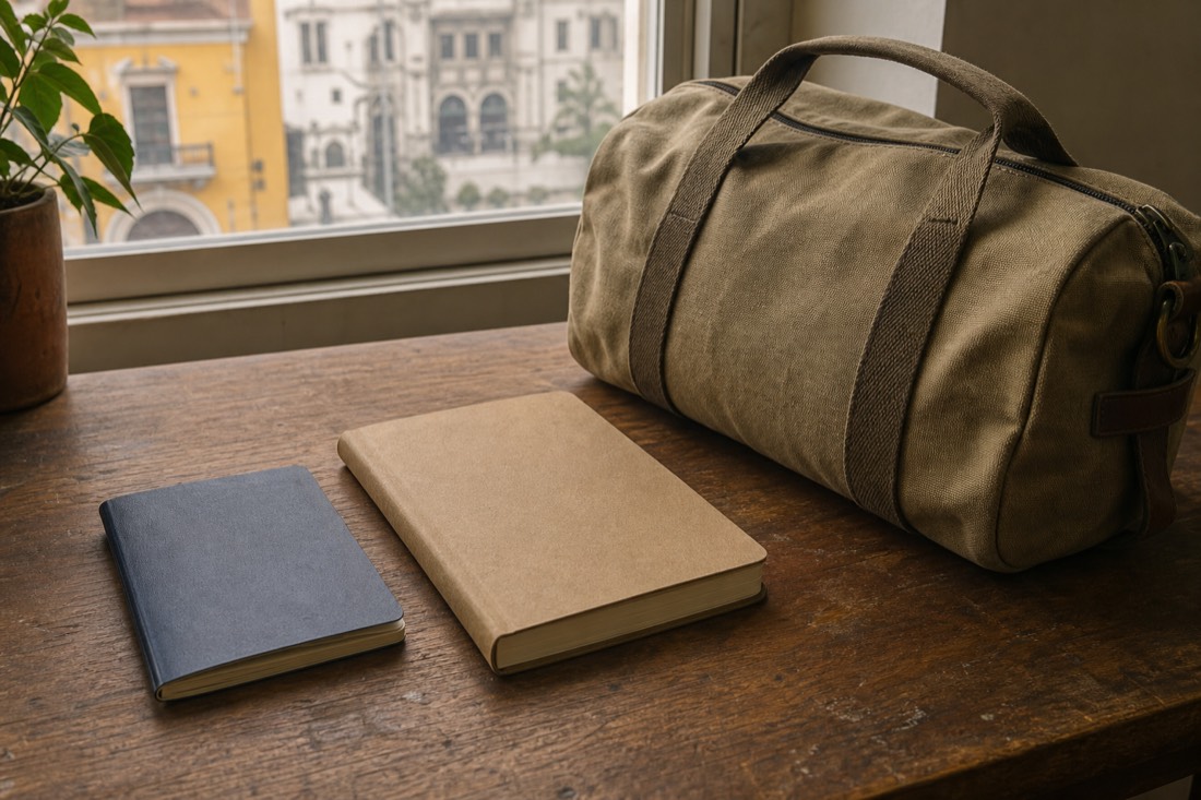 Passport, closed notebook and small canvas duffel on a wooden desk by a window, no readable text
