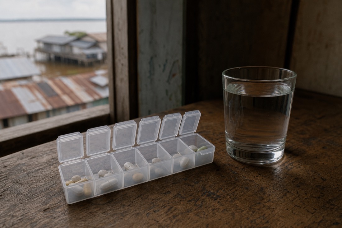 Open weekly pill organizer and a glass of water on a rustic wooden table in soft morning light
