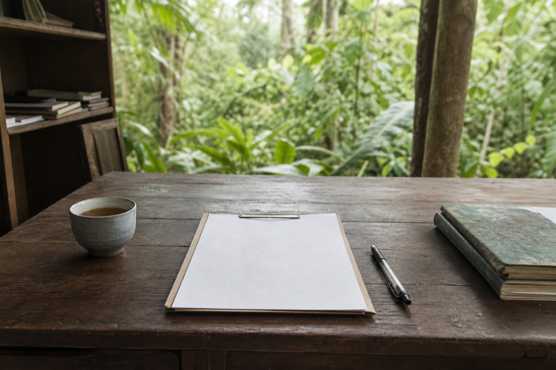 Facilitator's desk with intake paperwork and a cup of herbal tea in a jungle office