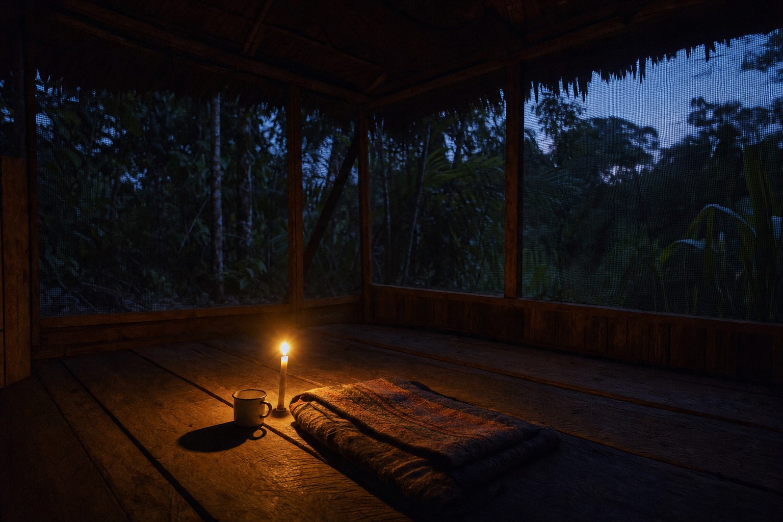 Candlelit maloca floor at dusk in the Peruvian Amazon, the quiet setting where ayahuasca safety depends on screening and supervision