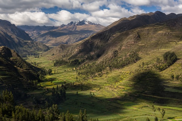 Terraced fields and mountains of the Sacred Valley near Pisac, Peru, the region visited on this pilgrimage